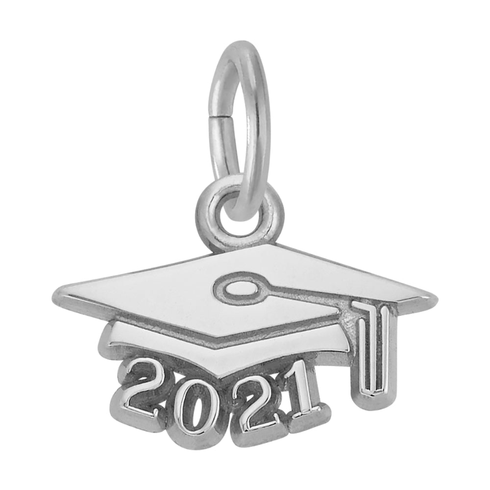 Silver graduation cap charm with '2021' on a white background