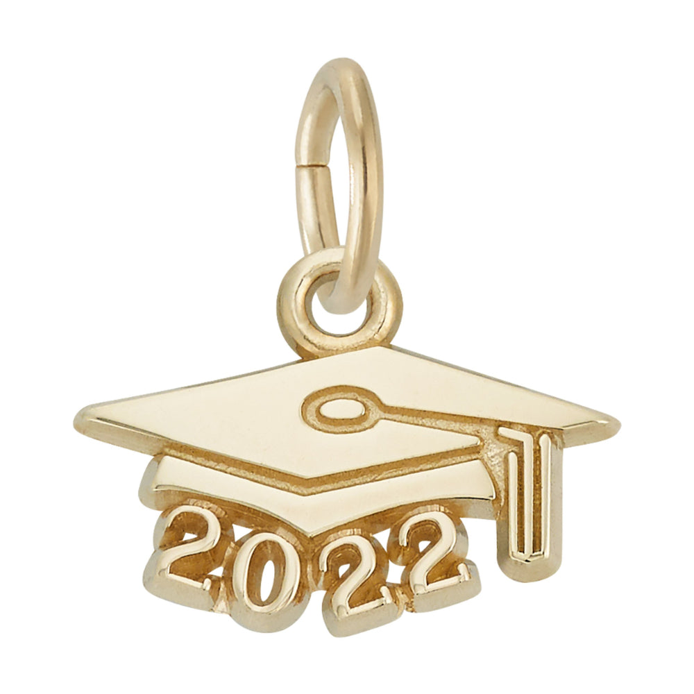 Gold graduation cap charm with '2022' on a white background