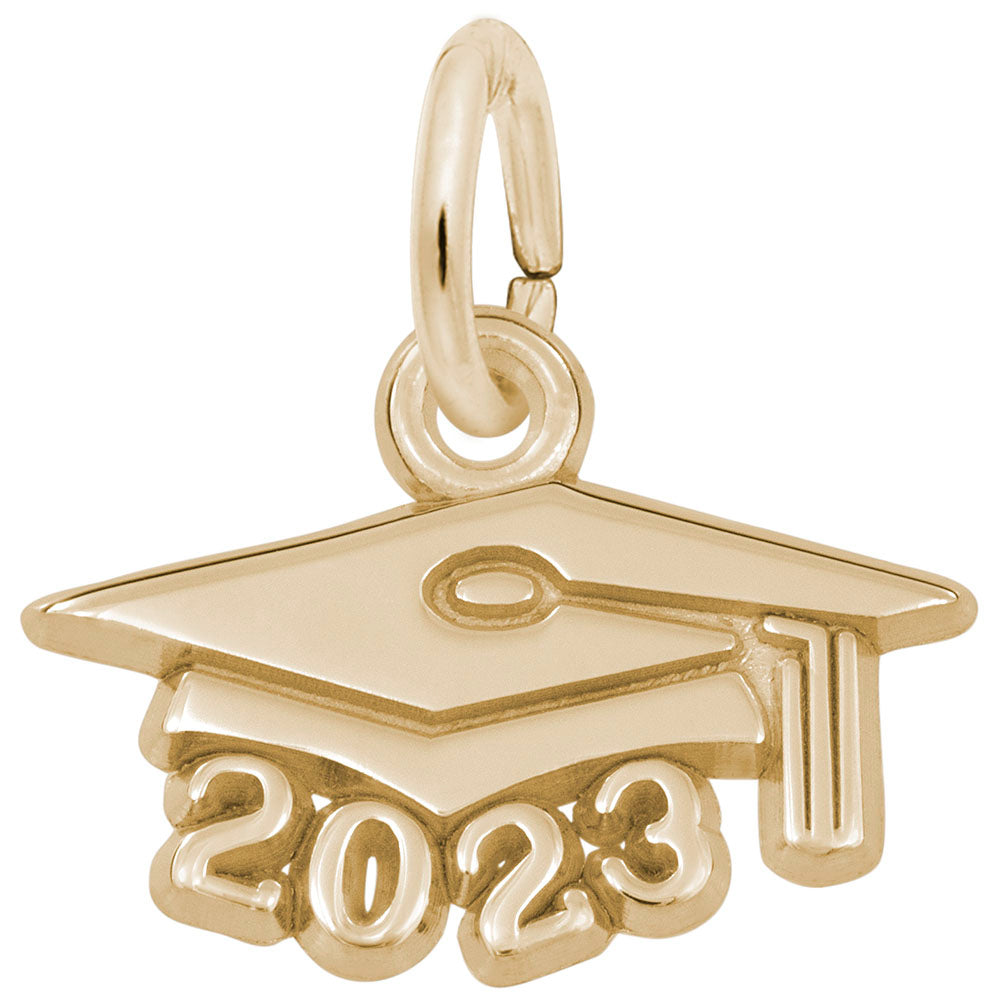 Gold Grad Cap with '2023' Charm on a white background