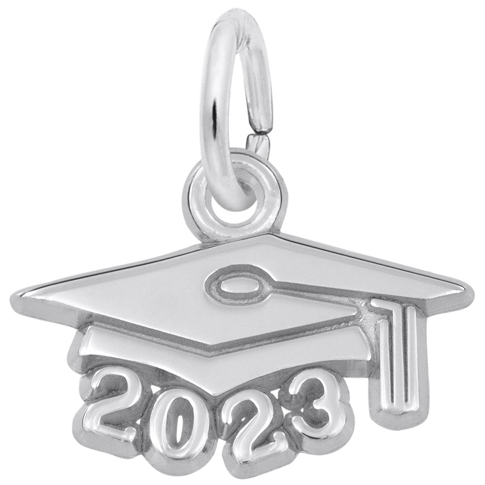 Silver Grad Cap with '2023' Charm on a white background