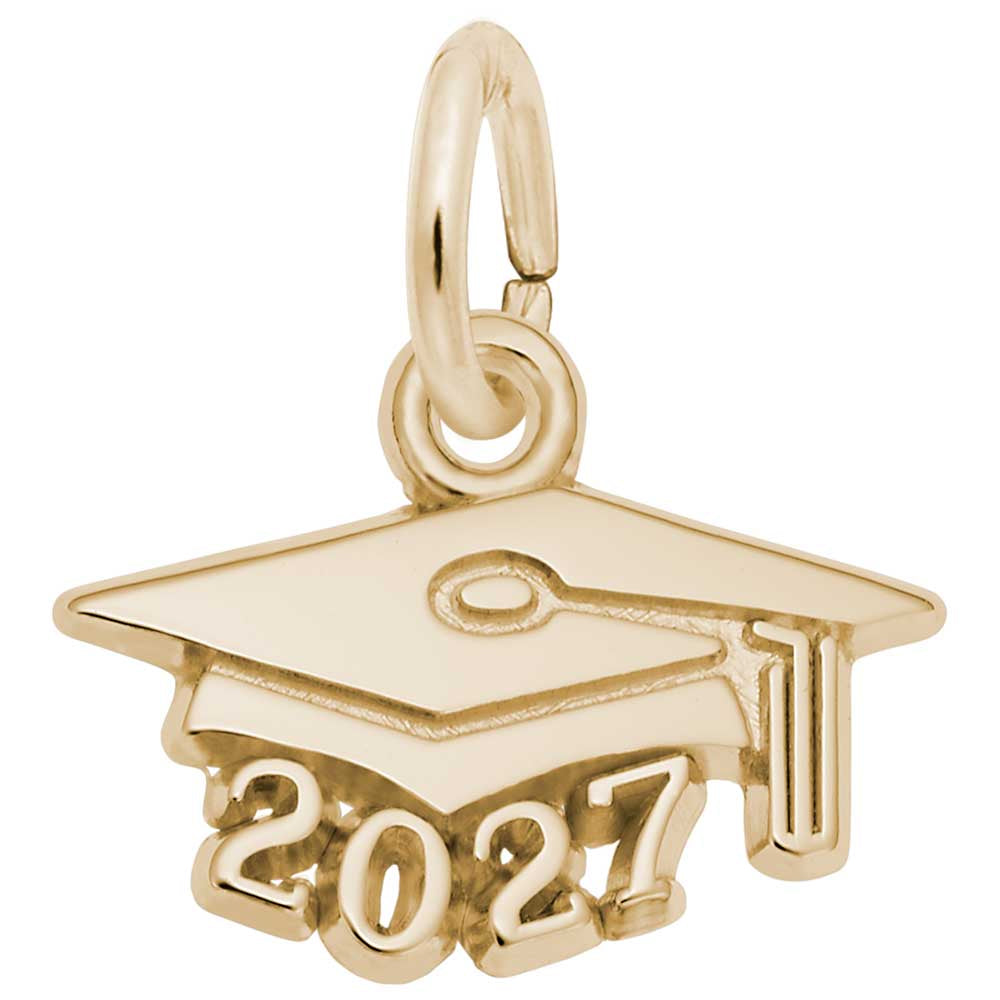 Gold graduation cap charm with '2027' on a white background
