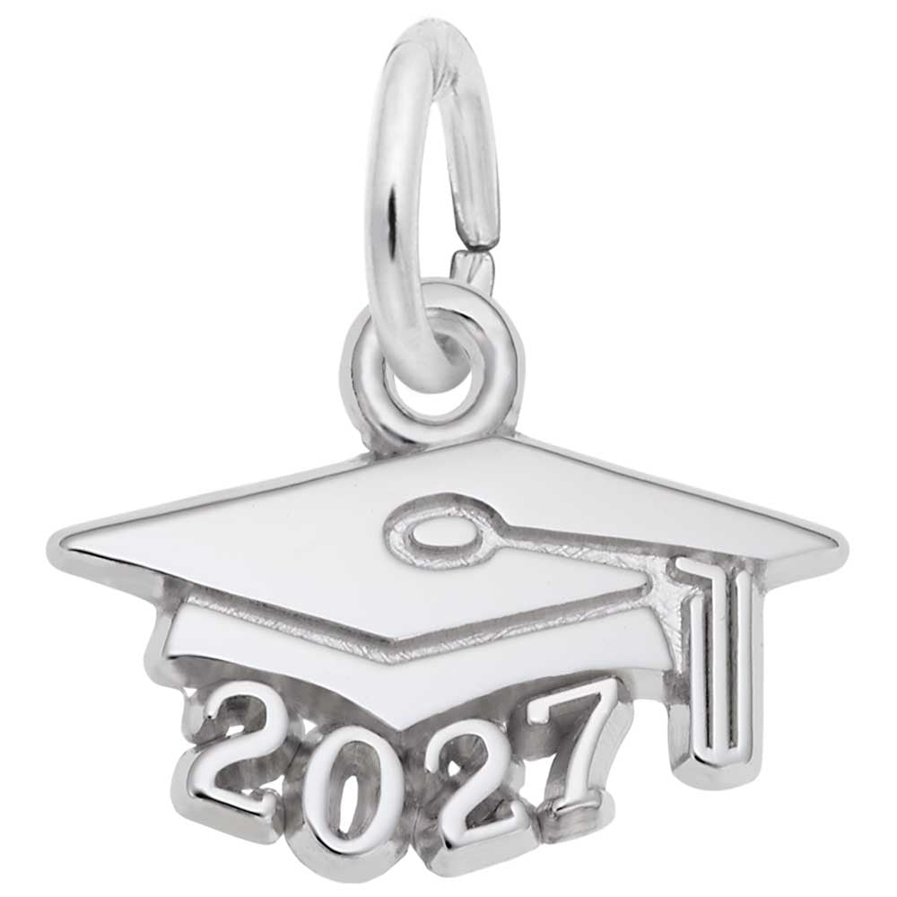 Silver graduation cap charm with '2027' on a white background