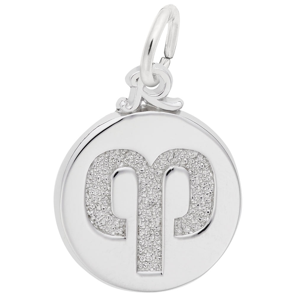 Silver disc charm with the Aries symbol engraved in the center, shown on a white background