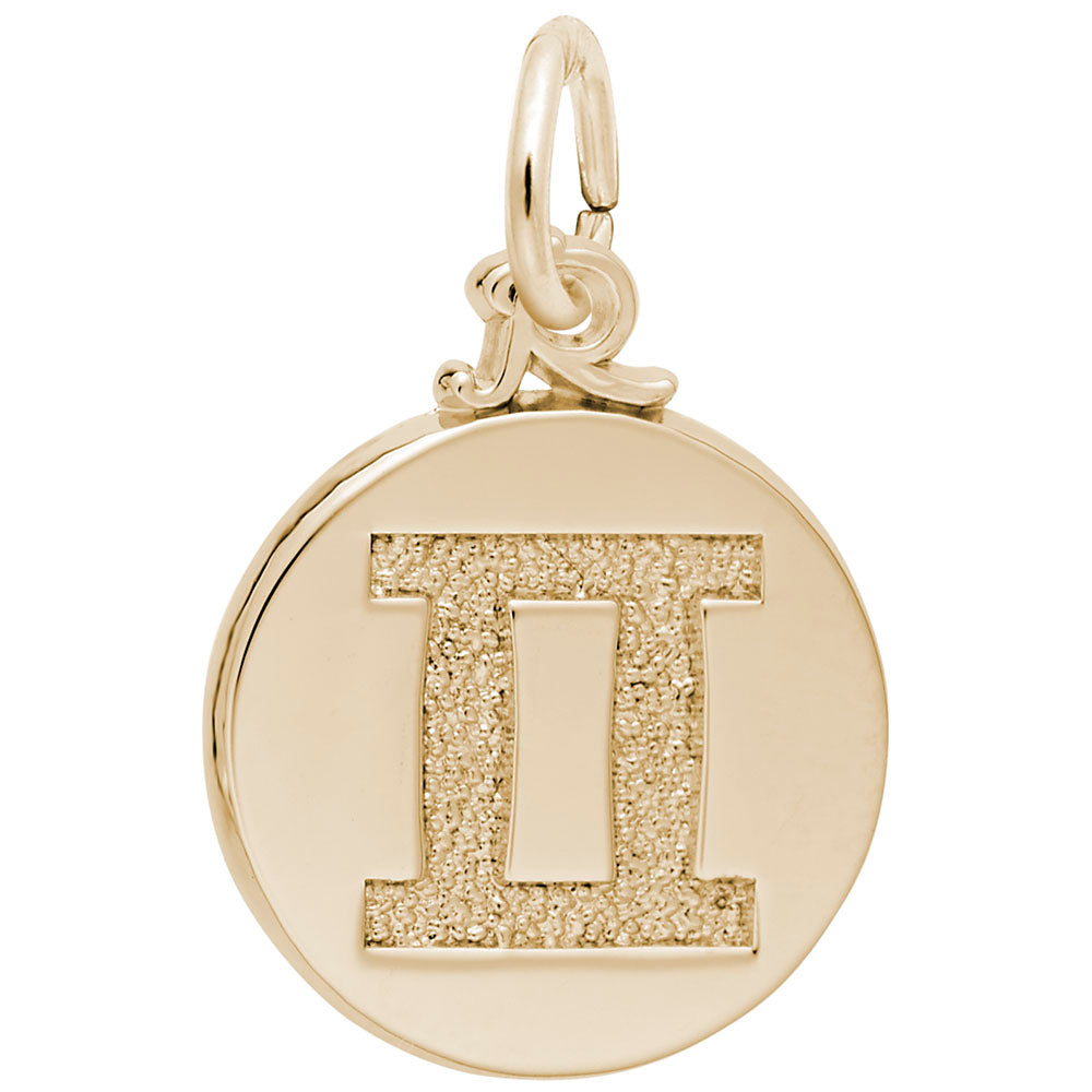 Gold disc charm with the Gemini symbol engraved in the center, shown on a white background