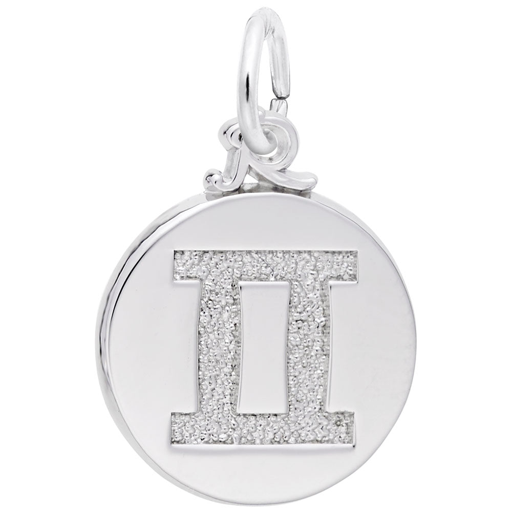 Silver disc charm with the Gemini symbol engraved in the center, shown on a white background