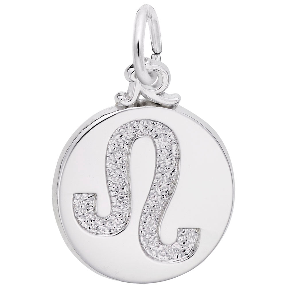 Silver disc charm with the Leo symbol engraved in the center, shown on a white background