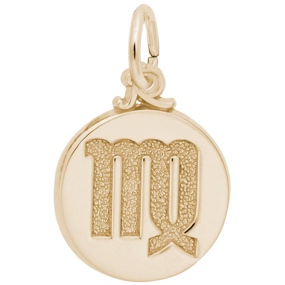 Gold disc charm with the Virgo symbol engraved in the center, shown on a white background