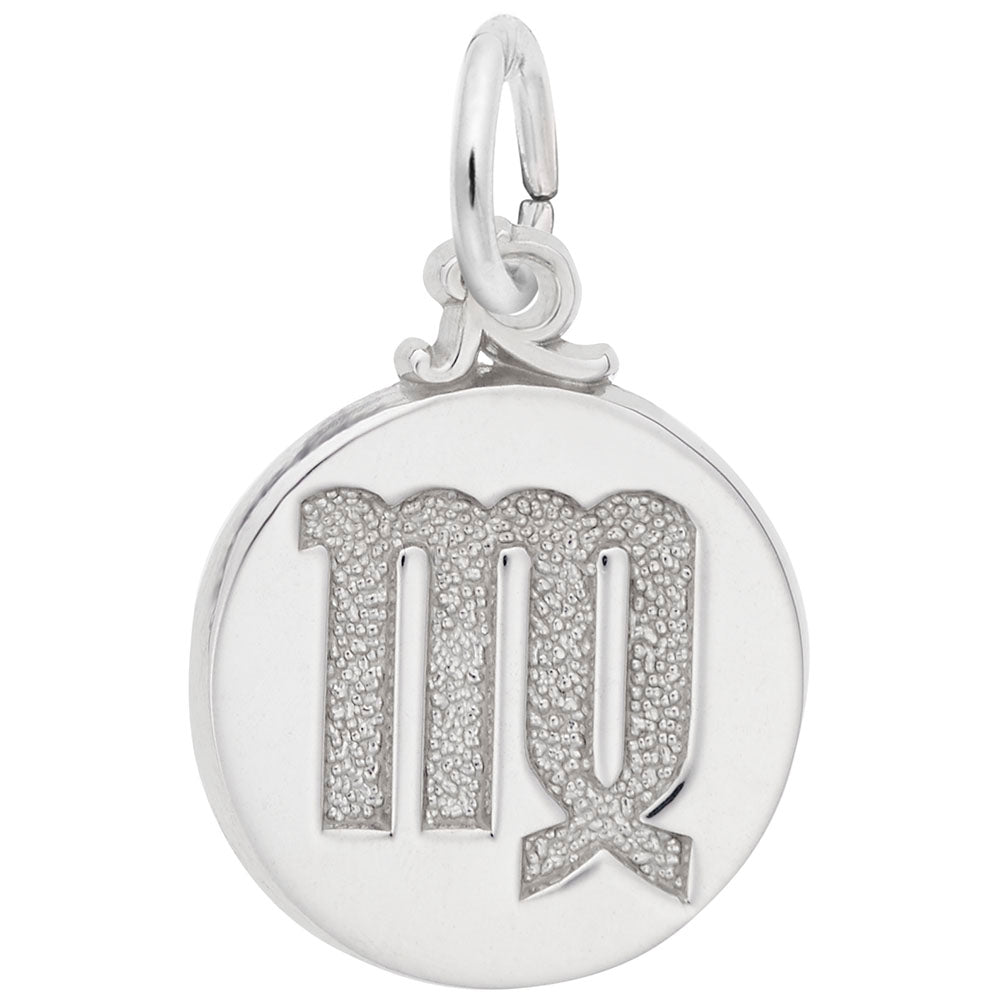 Silver disc charm with the Virgo symbol engraved in the center, shown on a white background