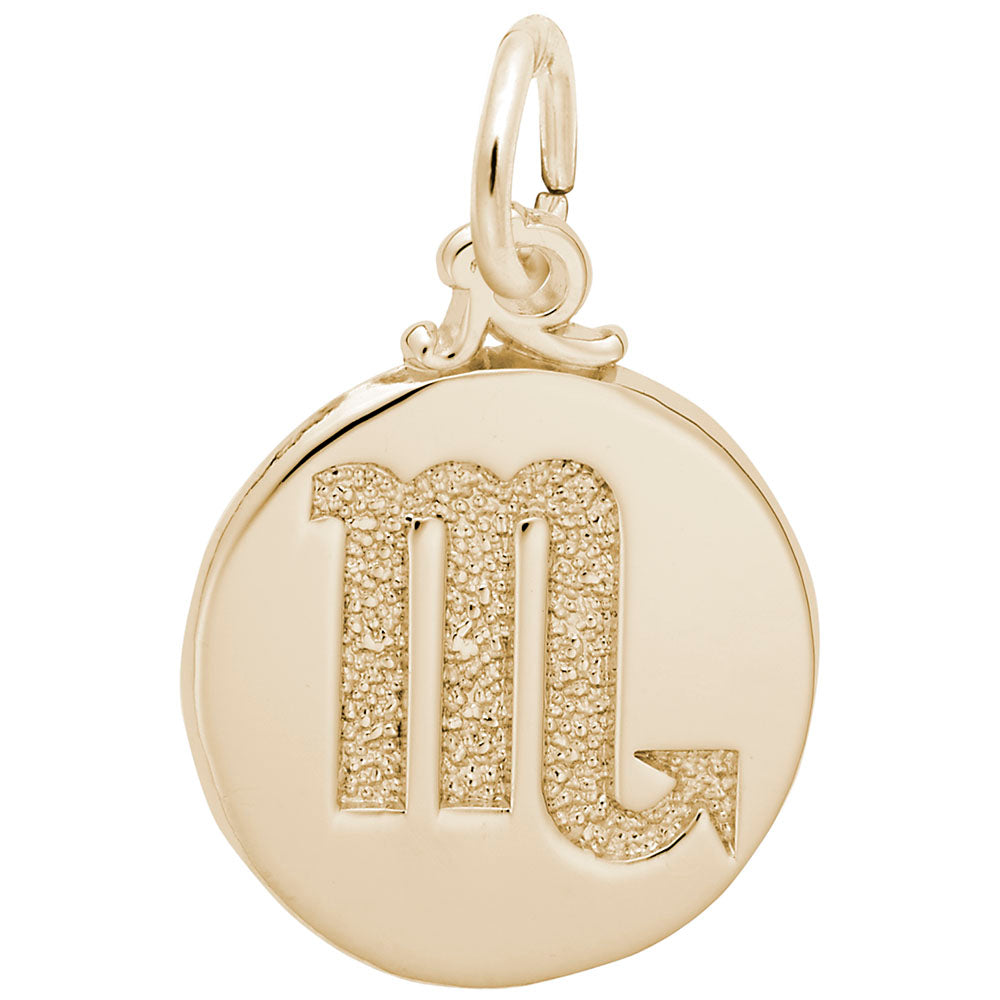 Gold disc charm with the Scorpio symbol engraved in the center, shown on a white background
