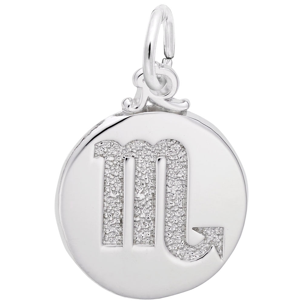 Silver disc charm with the Scorpio symbol engraved in the center, shown on a white background