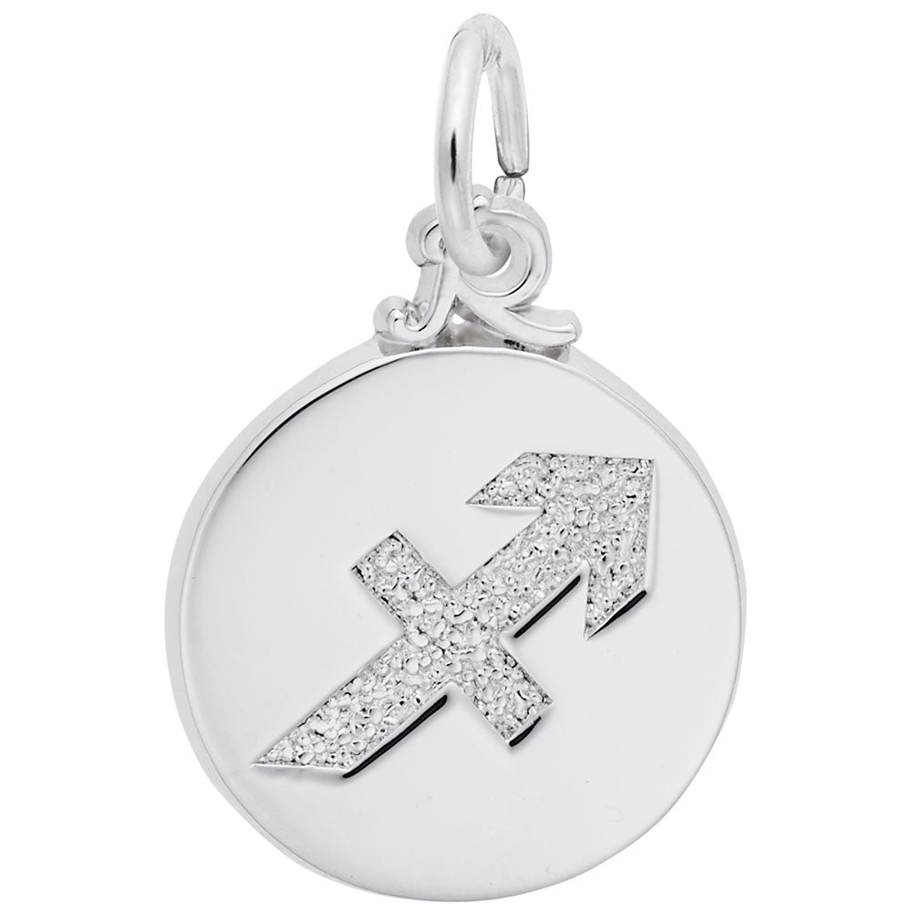 Silver disc charm with the Sagittarius symbol engraved in the center, shown on a white background