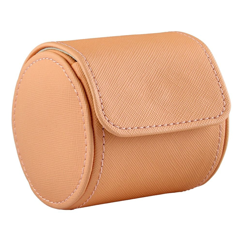 Beige cylindrical jewelry box on a white background