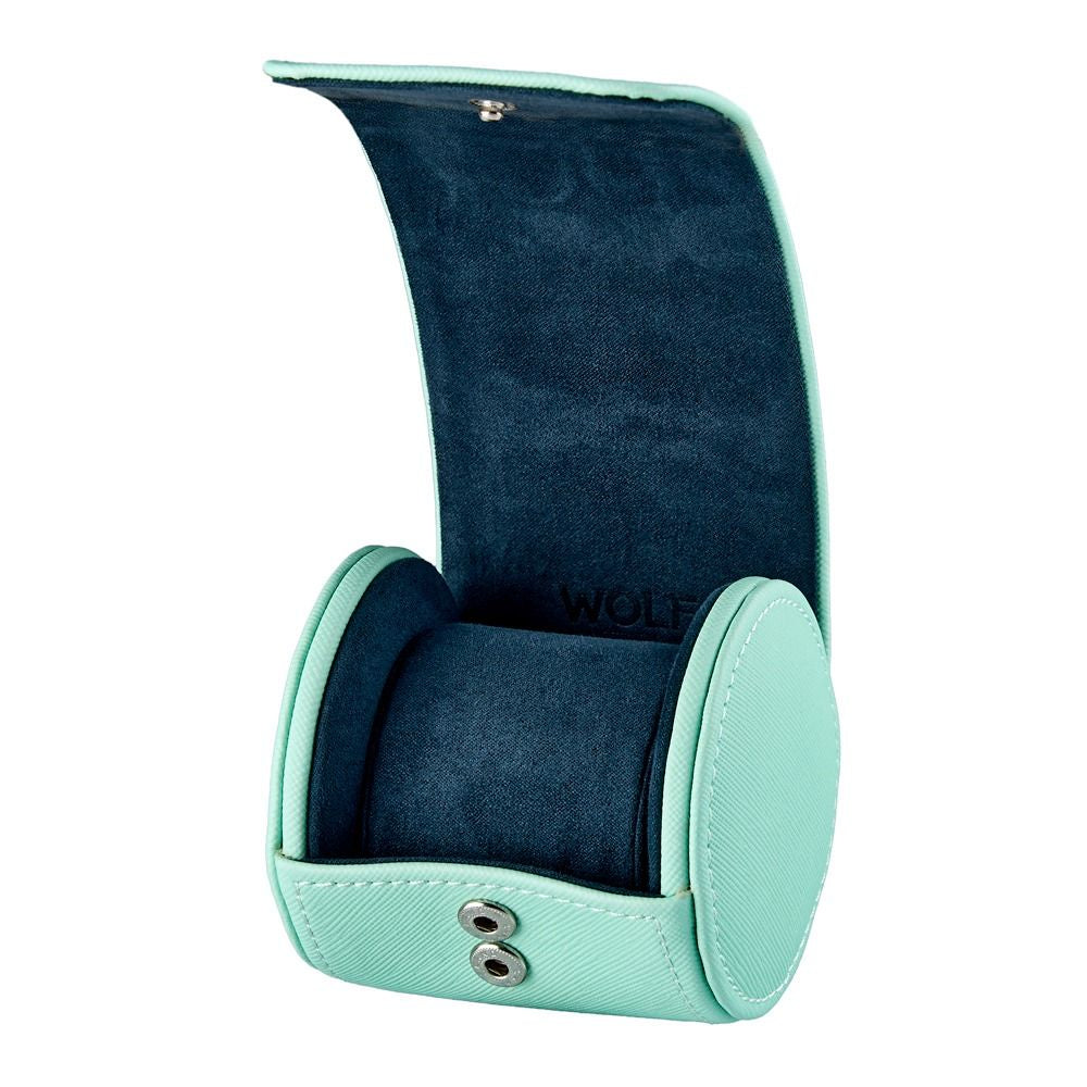 Teal watch box with a blue interior on a white background