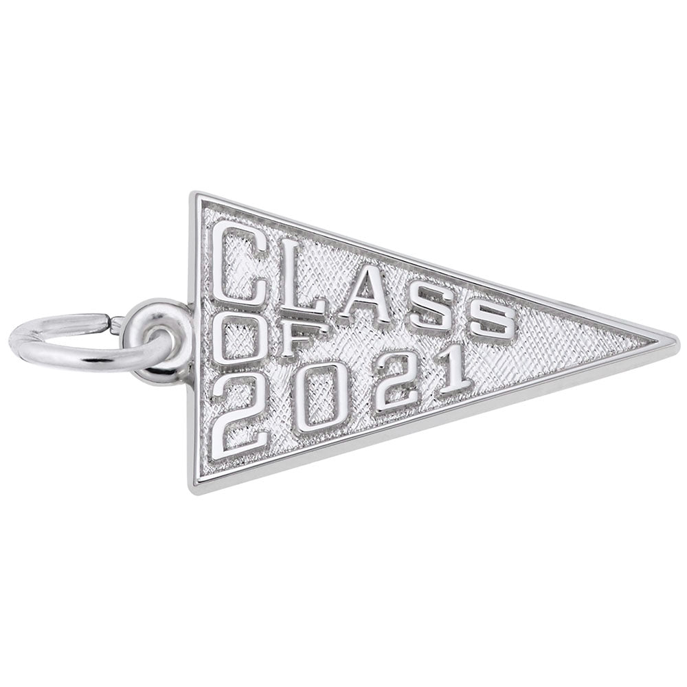 Silver 'Class of 2021' pennant charm on a white background