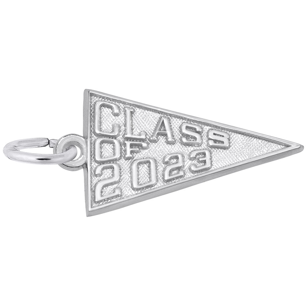 Silver 'Class of 2023' pennant charm on a white background