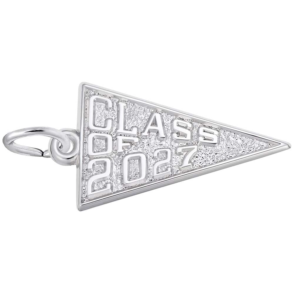 Silver 'Class of 2027' pennant charm on a white background