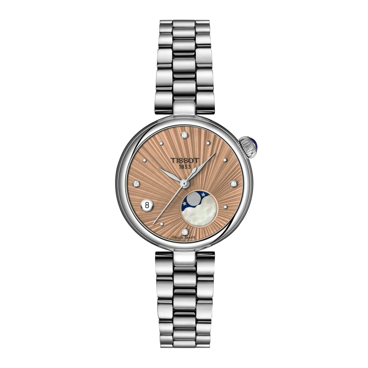 A Tissot Swiss women's watch featuring a stainless steel link bracelet, a round silver-tone case, and a distinctive sunburst dial with a moonphase indicator and date window.