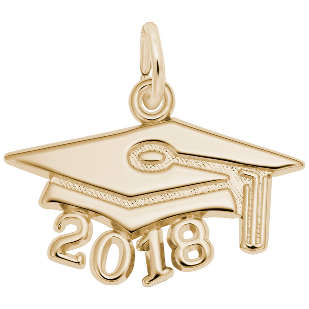 Gold graduation cap and '2018' charm on a white background