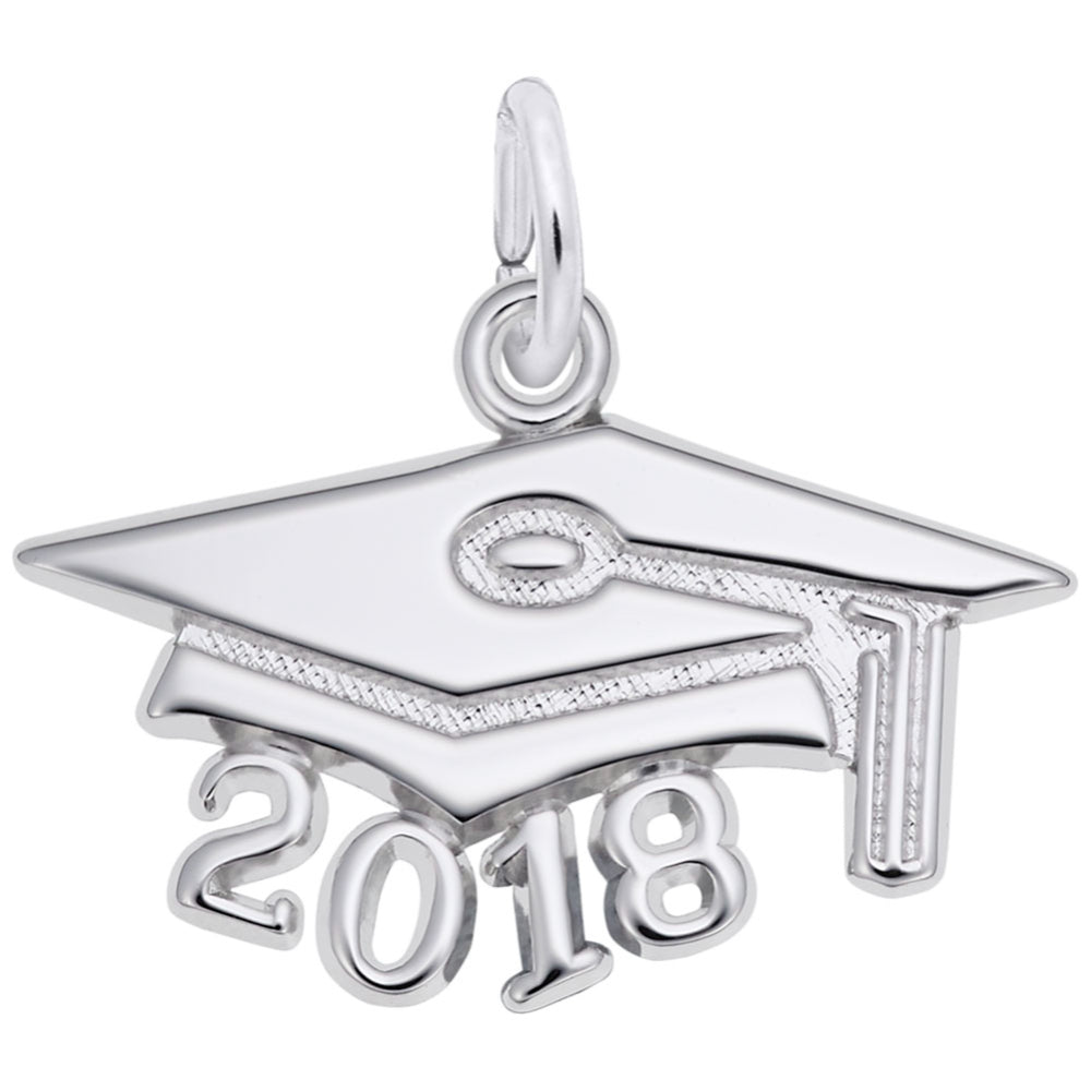 Silver graduation cap and '2018' charm on a white background