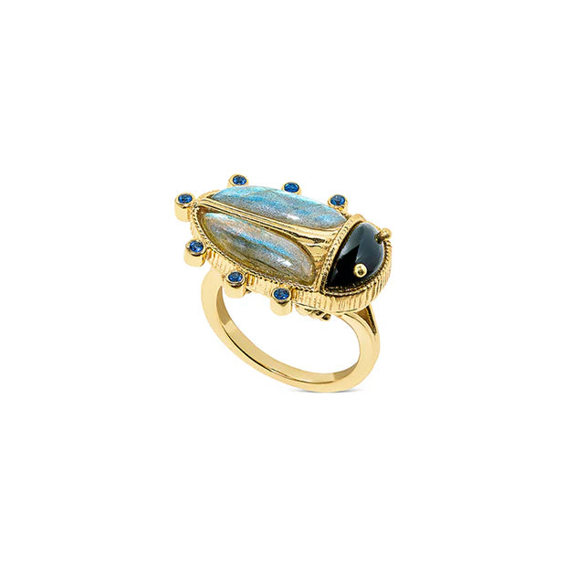 Capucine de Wulf Scarab Ring - Black Agate/Blue Labradorite -Size 7
