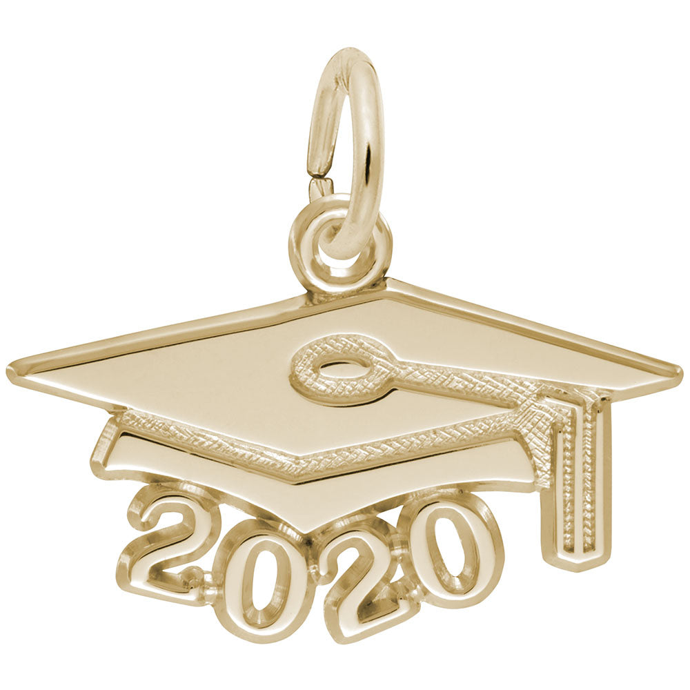 Gold graduation cap charm with '2020' on a white background