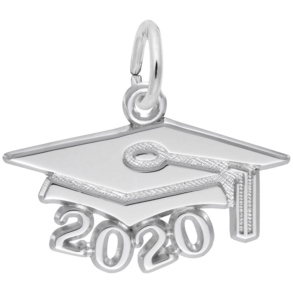 Silver graduation cap charm with '2020' on a white background