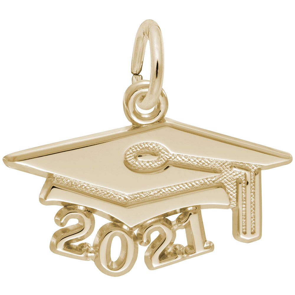 Gold graduation cap and '2021' charm on a white background