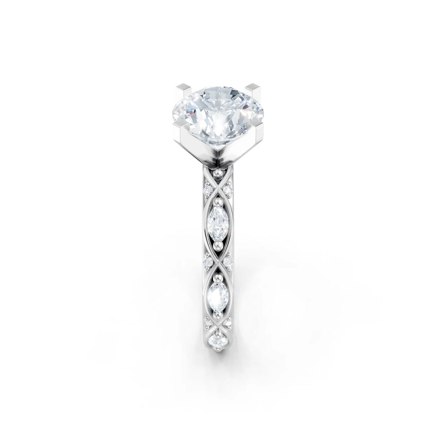 Diamond ring with a white gemstone on a white background