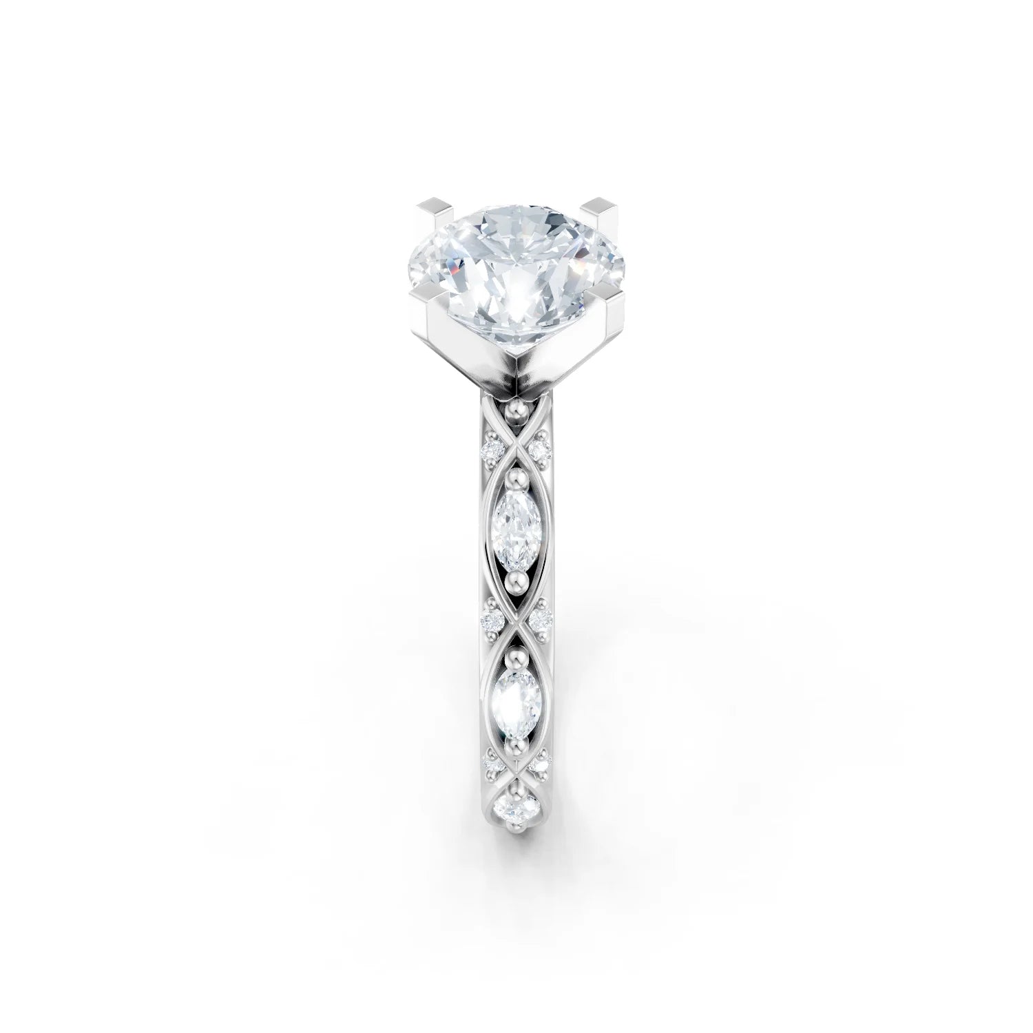 Diamond ring with a white gemstone on a white background