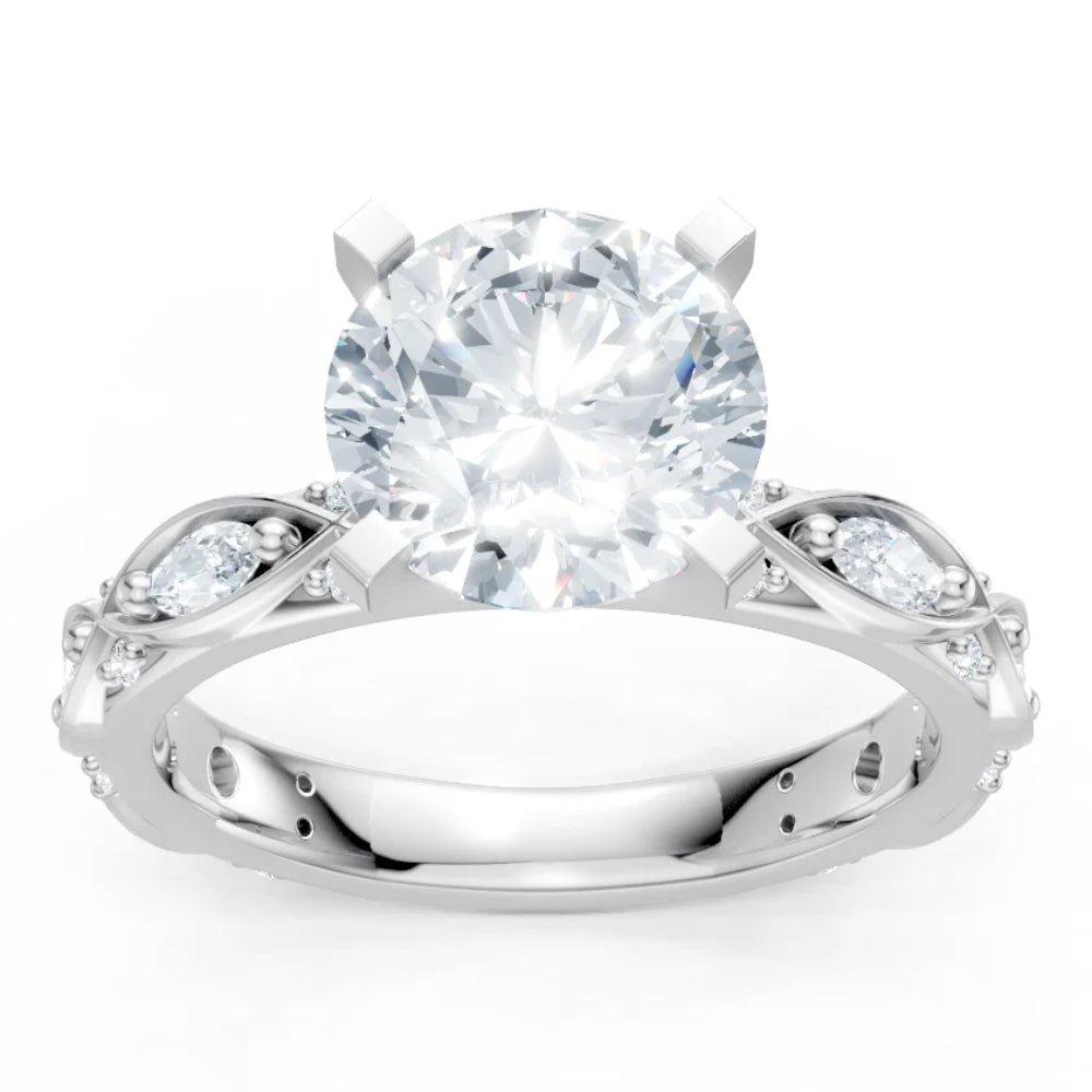 Diamond ring with intricate design on a white background