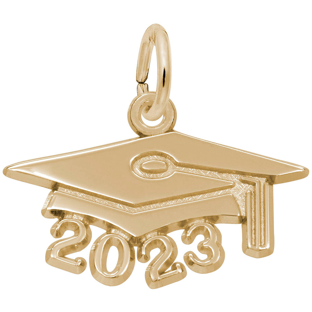 Gold graduation cap charm with '2023' on a white background