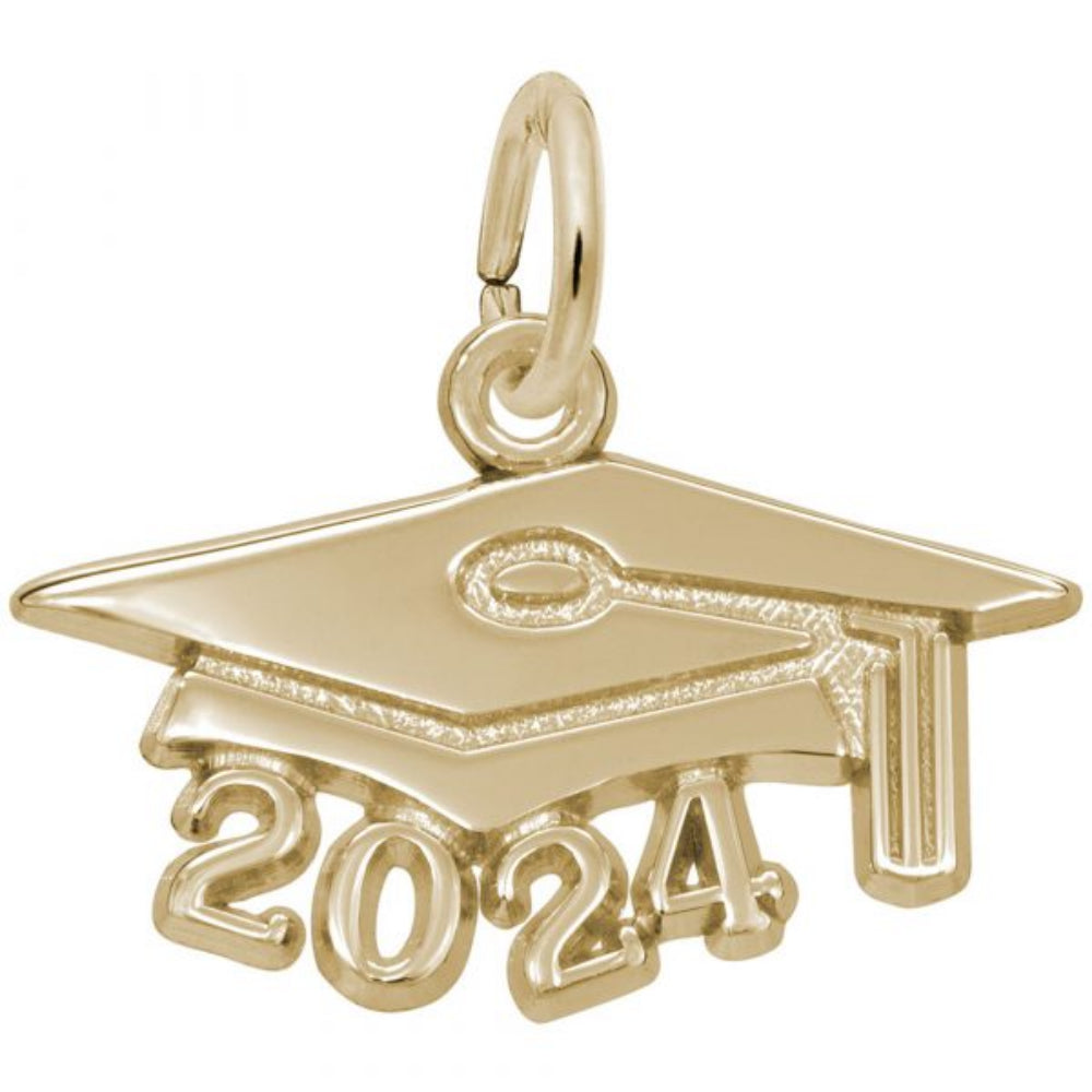 A gold charm in the shape of a graduation cap with the numbers 2024 integrated into the design.