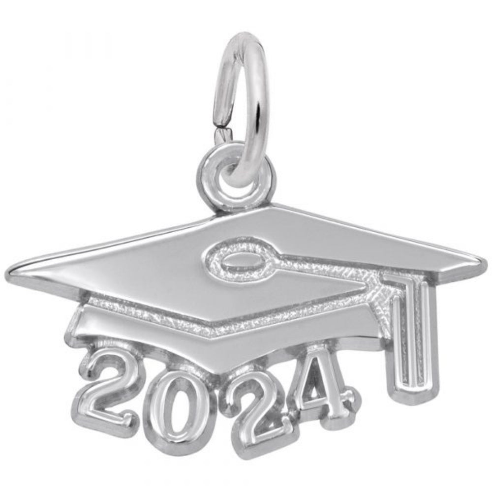 A silver charm in the shape of a graduation cap with the numbers 2024 integrated into the design.