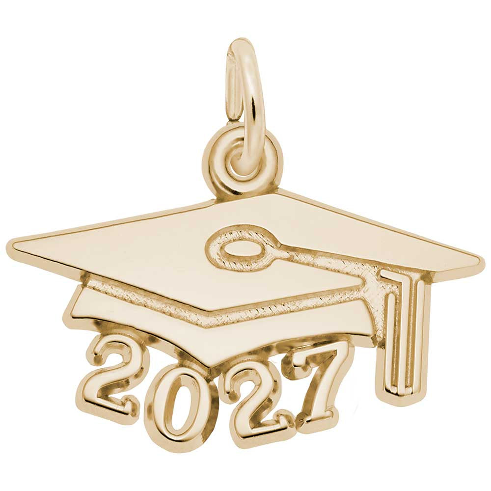Gold graduation cap charm with '2027' on a white background