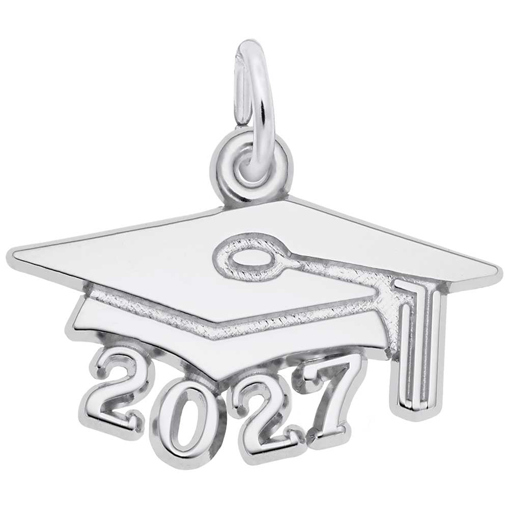 Silver graduation cap charm with '2027' on a white background