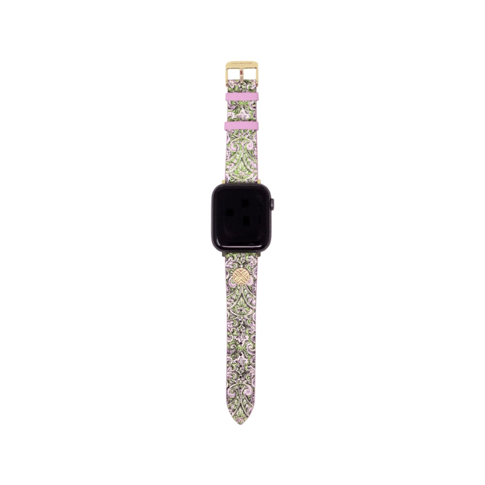 A patterned watch band with a gold buckle, shown on a black smartwatch against a plain white background.