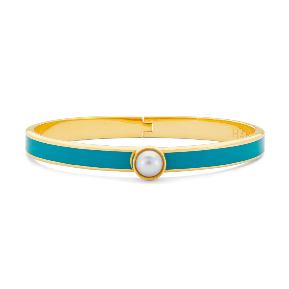 Halcyon Days 6mm Skinny Cabochon Pearl Gold Hinged Enamel Bangle