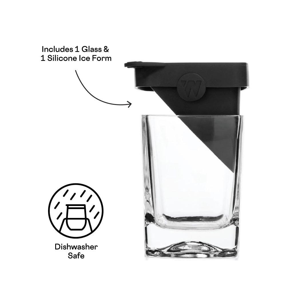 Clear glass with black silicone ice form and product details on a white background.