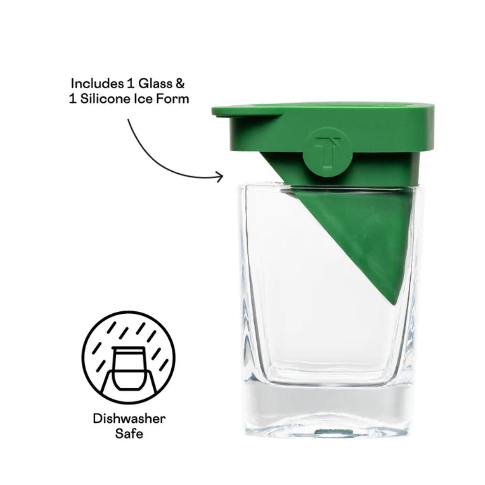 Clear glass tumbler with green tequila triangle lid with black texted product info on a white background. 