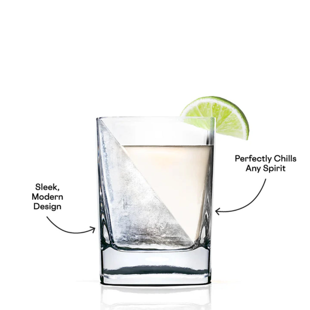 Clear glass tumbler with green tequila triangle lid with black texted product info on a white background. 