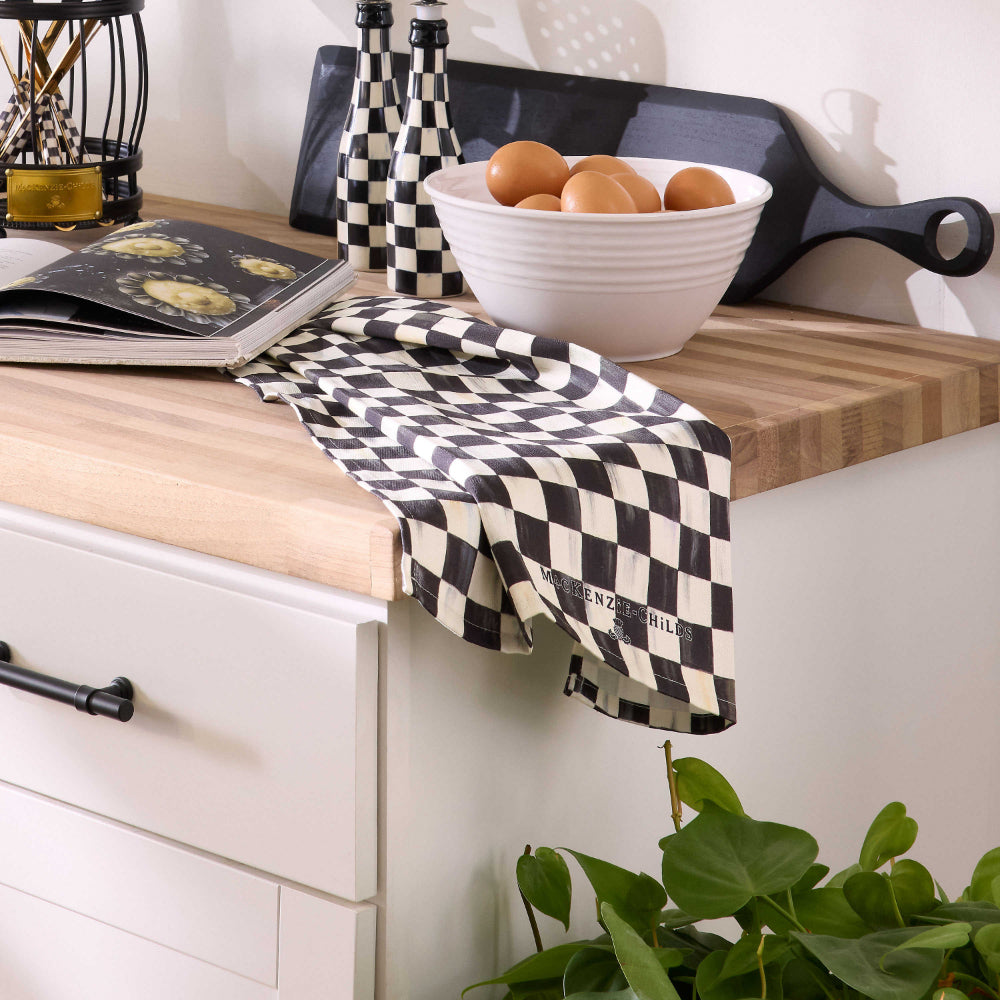 Dish towels on cabinet display, courtly check 