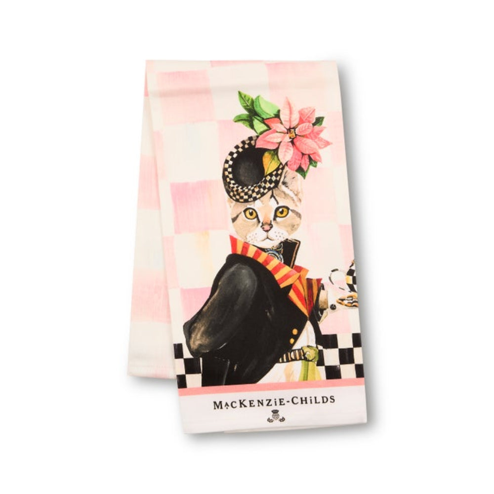 Tea towel with a cat design and floral elements on a white background