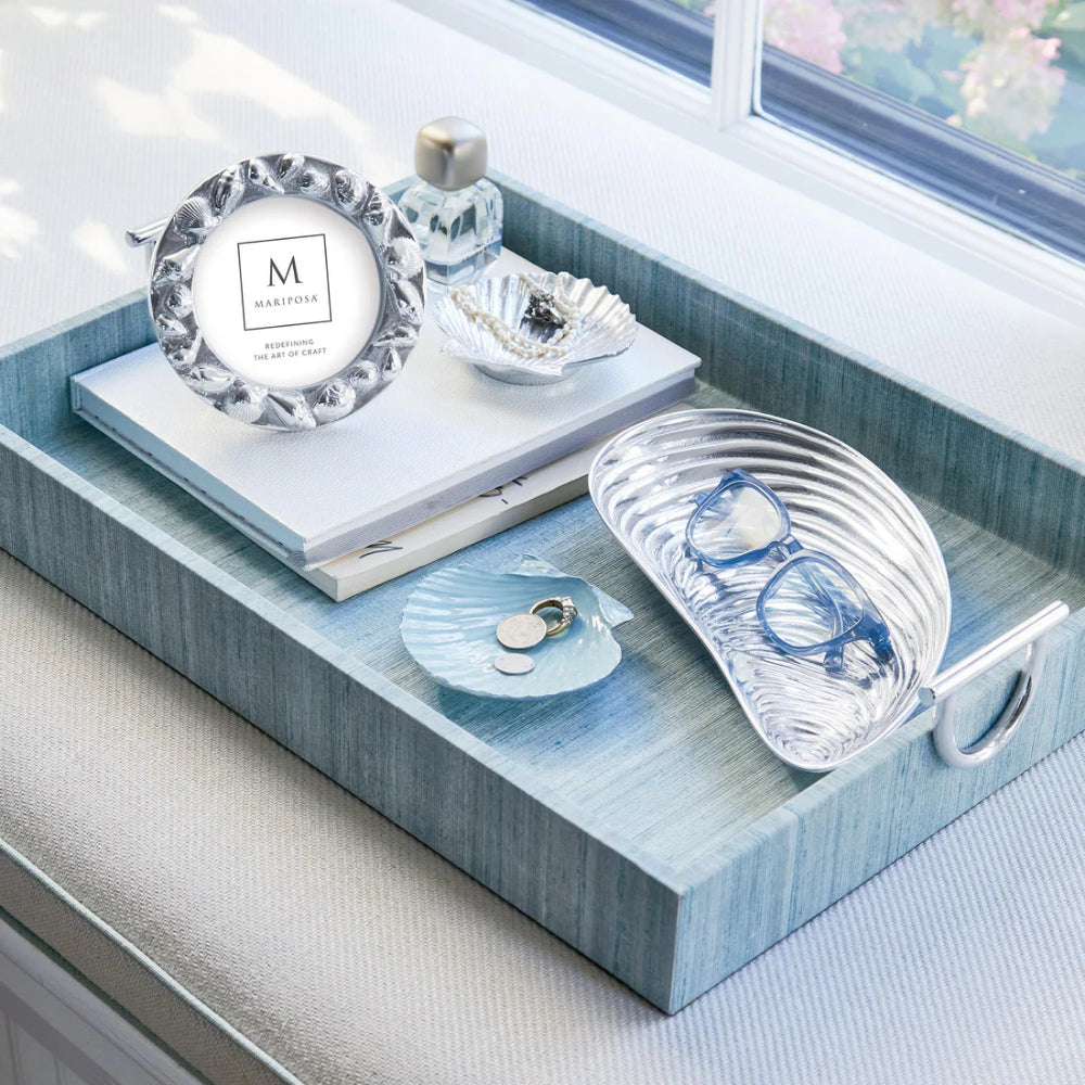 Mariposa Capri Faux Green Grasscloth Tray With Metal Handles