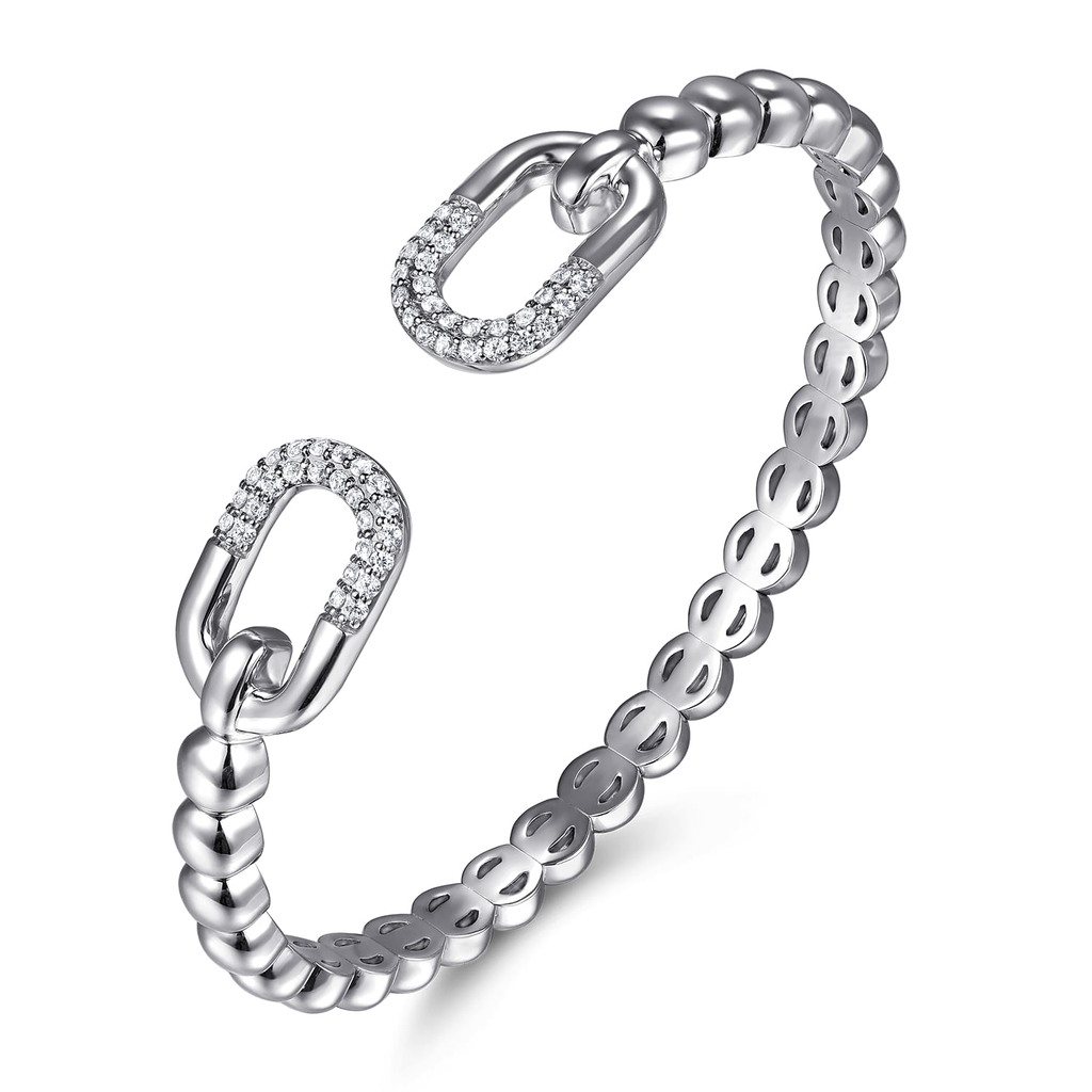 Silver chain bracelet with interlocking links on a white background