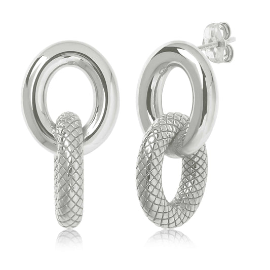 Sterling Silver Textured & Polished Link Drop Earrings