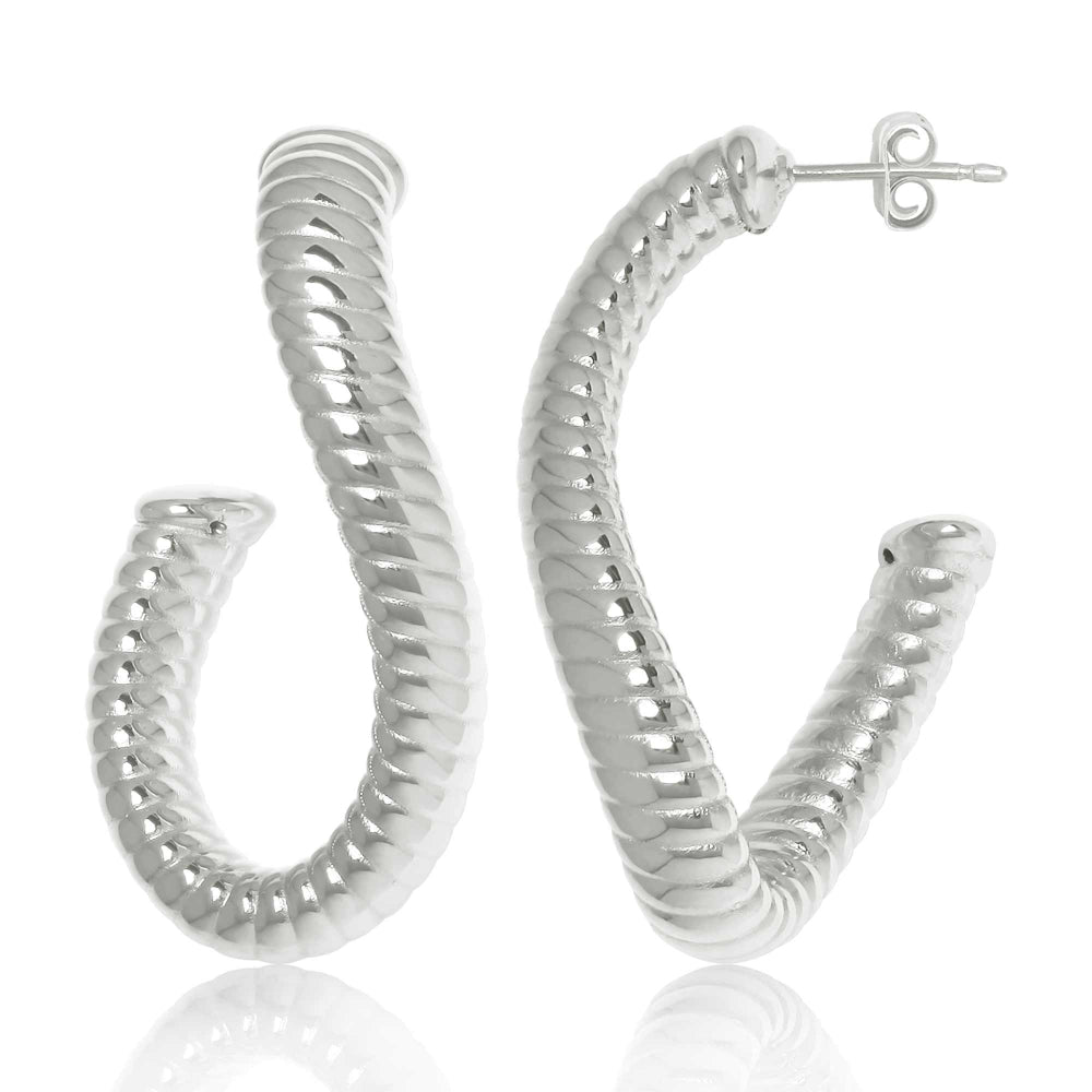 Sterling Silver Twisted Ribbed J Hoop Earrings