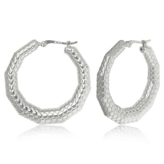 Sterling Silver Honeycomb Textured Hoop Earrings