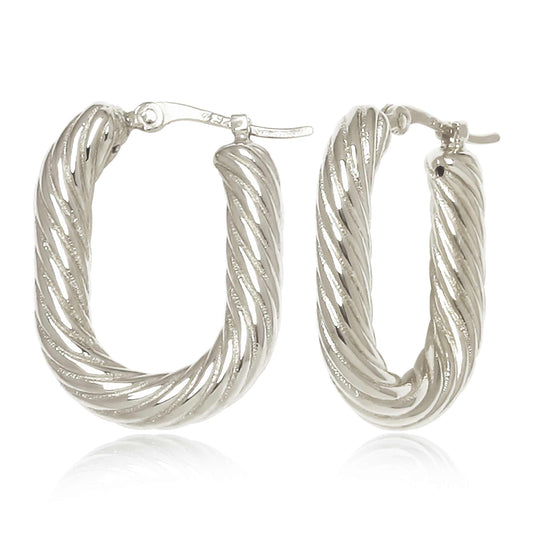 Sterling Silver Oval Spiral Twist Hoop Earrings