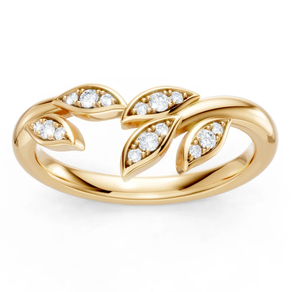 Gold ring with diamond accents on a white background
