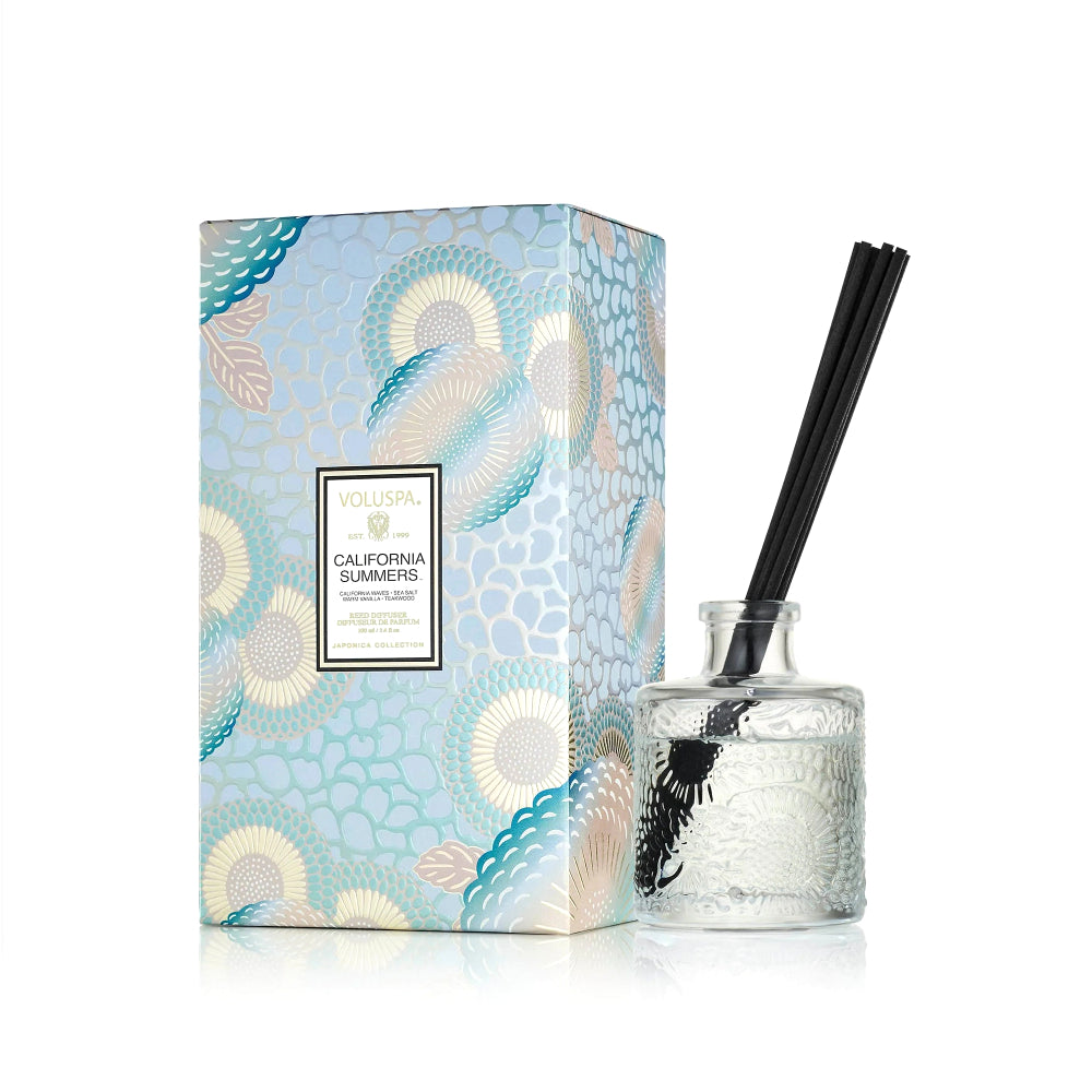 A reed diffuser set with a clear glass bottle containing clear liquid and black reeds, standing beside its decorative packaging box. The box features a light blue and teal patterned design with gold accents and a white label reading 'VIVIDSCALIFORNIA EUMERIS'.